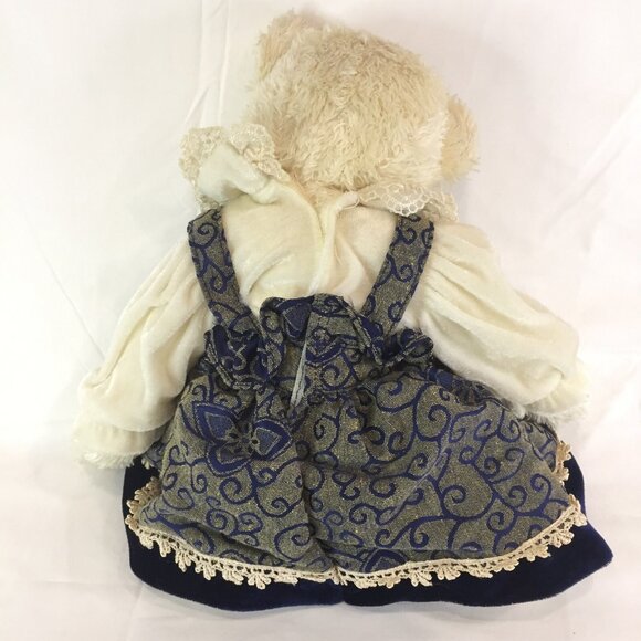 1980s White Cream Teddy Bear With Velour Dress Flower Buttons Lace & Hair Bow - Picture 4 of 11